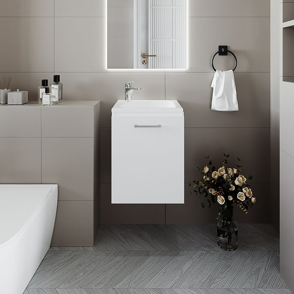 LiviNest Wall Mounted Bathroom Vanity: Modern White Floating Sink Cabinet with Storage - Space Saving Design for Small Apartments & Rental Bathrooms