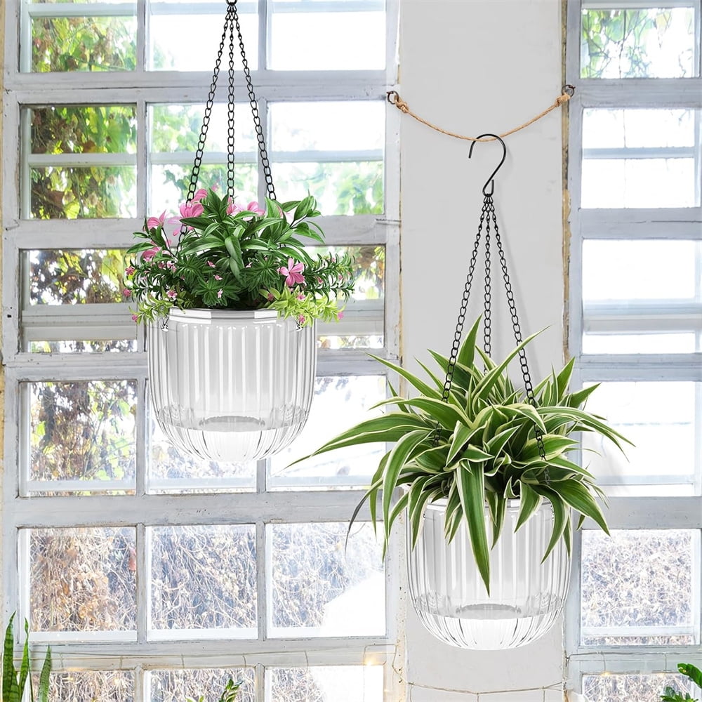 Clear Hanging Planter with Drainage Hole,Set of 3 Plastic Flower Pots,Double Layer Planter Design,Visible Hanging Baskets,for Flower, Succulent, Green Plant