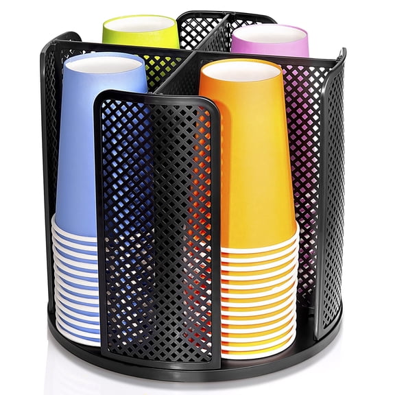 Rotating Paper Cup Dispenser, Cup Holder with 4 Compartments, Disposable Coffee Cup Dispenser Removable, Plastic Cup Storage & Lid Holder for Countertops, Kitchen, Coffee Stations (Black)