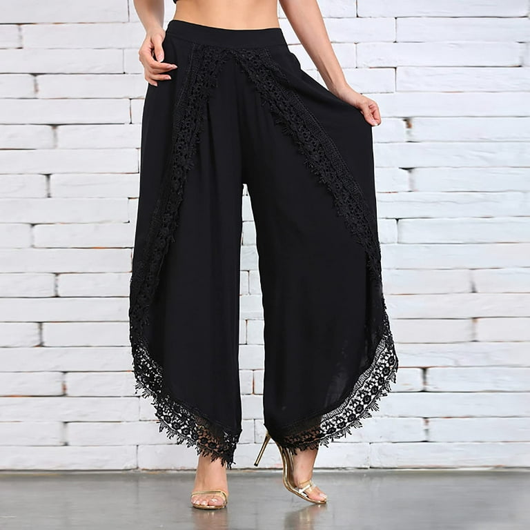 ZHIZAIHU Elastic High Waist Capri Pants for Women Casual Straight Wide Leg  Cotton And Linen Pants Flowy Long Trousers With Pockets Black S 