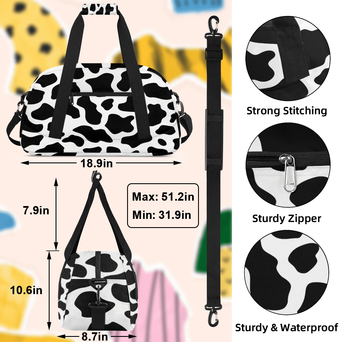 Herdesigns Black White Sports Duffle Bag for Women & Men, Fun Cow Print Farm Animal Gym Bag Dance Bag Overnight Bag Carry On Weekender Travel Bag