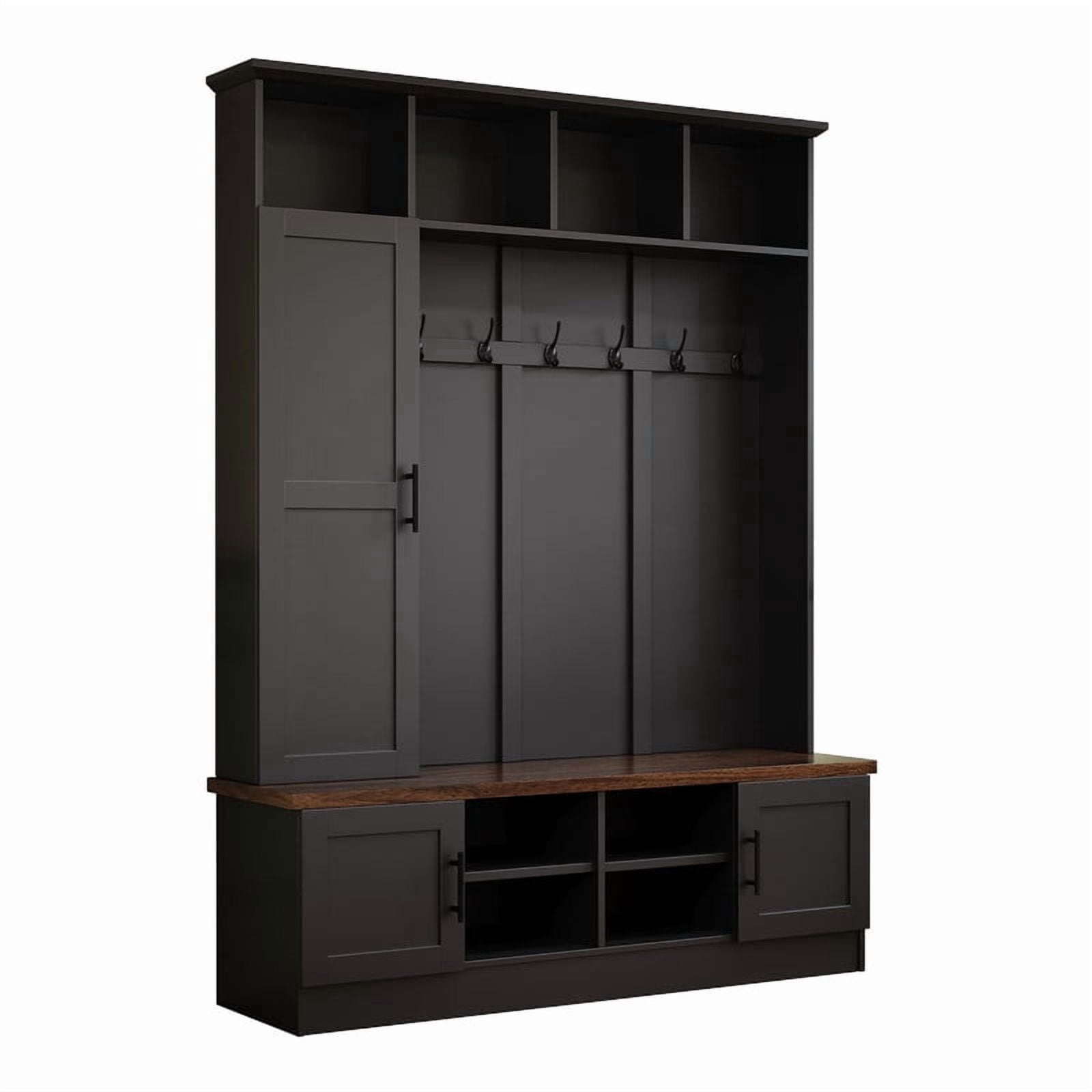 Farmhouse 3-in-1 Hall Tree with 6 Hooks, Entryway Coat Rack with Adjustable Shelves, Versatile Shoe Storage Bench with Open Cubbies