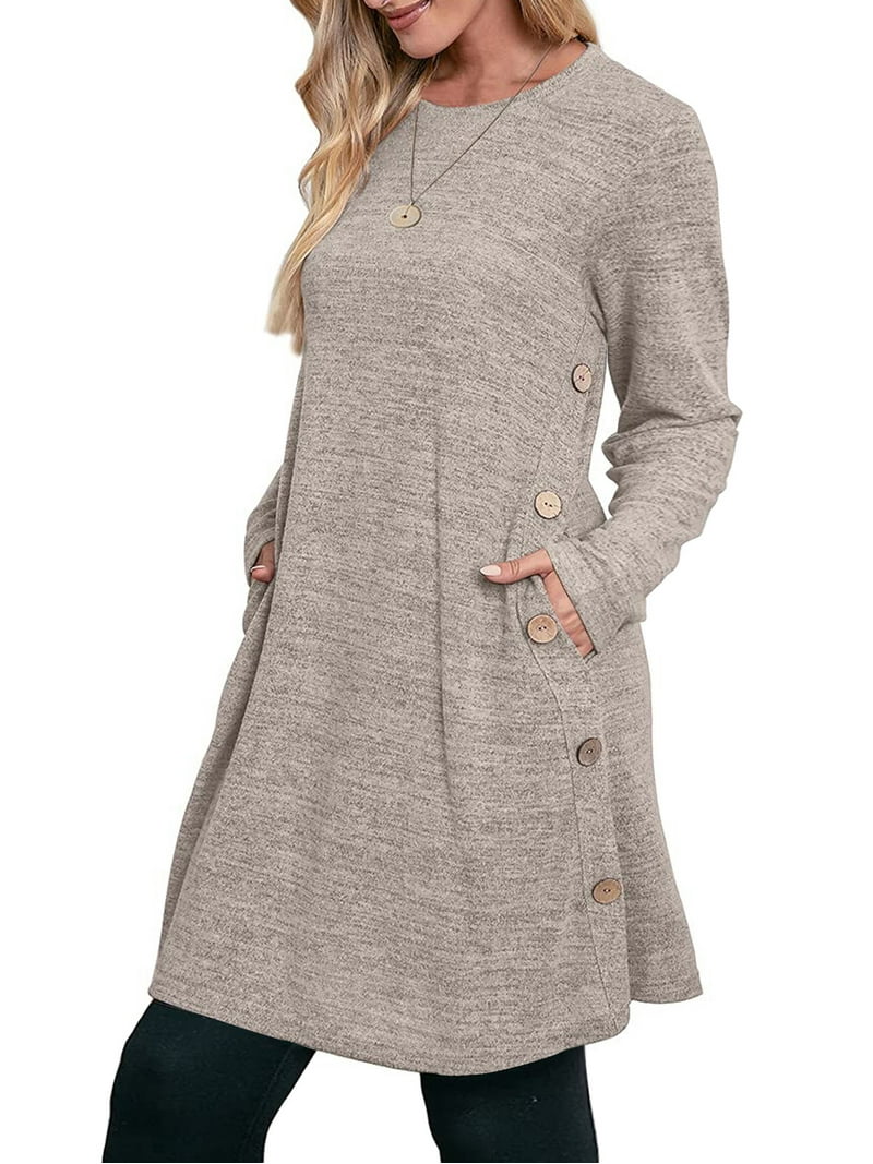 UVN Fall Dresses for Women Long Sleeve Casual Winter Dress with Pockets  Buttons Side Tunic Dress - Walmart.com