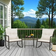 SOLAURA 3-Piece Outdoor Rocking Chairs Set with Table Patio Brown Wicker Bistro Set for Garden, Backyards and Pools, Beige Cushions