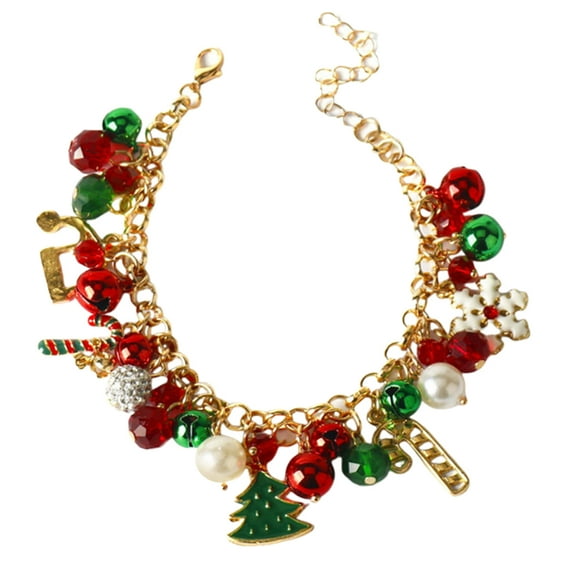 FAFA Lucky Christmas Bracelet for Women, Colorful Beads Dangle Charm Xmas Chain, Party Gift, Trendy Cuban Adjustable Stainless Steel Bangle for New Year