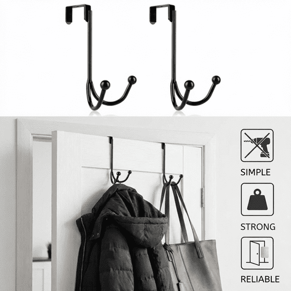 HFHOME 2Packs Over The Door Double Hanger Hooks, Metal Twin Hooks Organizer for Hanging Coats, Hats, Robes, Towels- Black