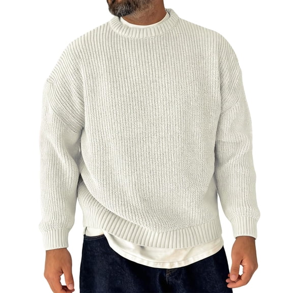 Havenx Mens Crewneck Sweatshirt Long Sleeve Knitted Pullover Sweatshirt Solid Color Pullover Tops Thermal Casual Loose Fit Lightweight Outfits,White 3XL