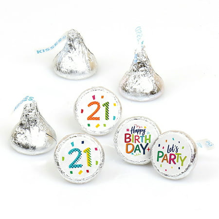 21st Birthday - Cheerful Happy Birthday - Colorful Twenty-First Birthday Party Round Candy Sticker Favors - Labels Fit Hershey's Kisses (1 Sheet of