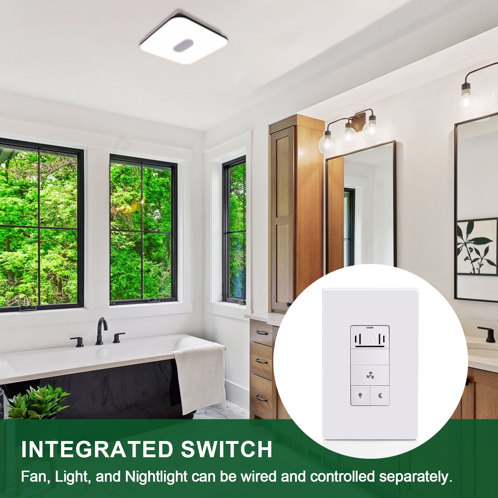Akicon Humidity Sensor Switch for Bathroom Fan, Ventilation, LED Night Light, Air Moisture Control, Timer, UL Listed, White