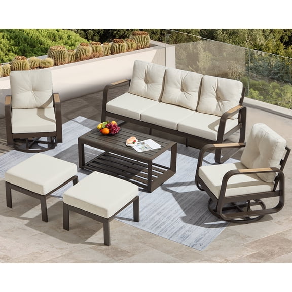 Suvivityse 6-Pcs Aluminum Patio Furniture Set with coffee table Outdoor Luxury Conversation Sofa Set include adjustable 3-seater Sofa, 2 Swivel Chair , 2 Ottoman for Balcony, Garden, Poolsid (Brown)
