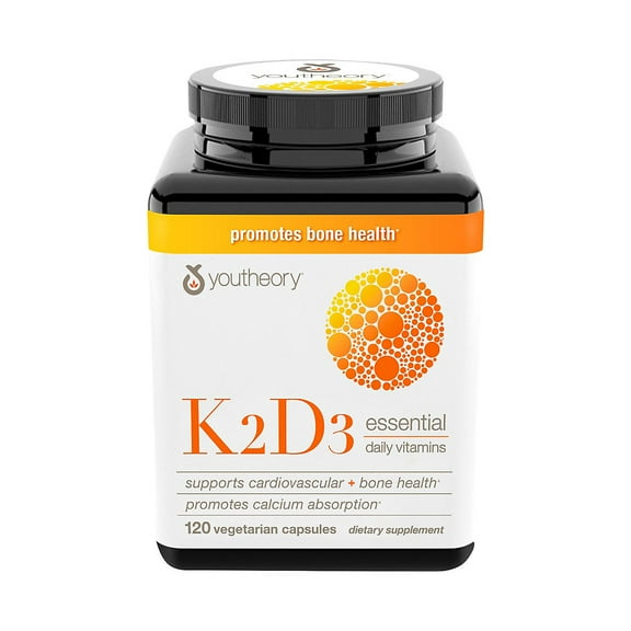 Youtheory K2 and D3 Daily Vitamin Supplement for Calcium Absorption, Bone Strength and Cardiovascular Support, 120 Vegetarian Capsules