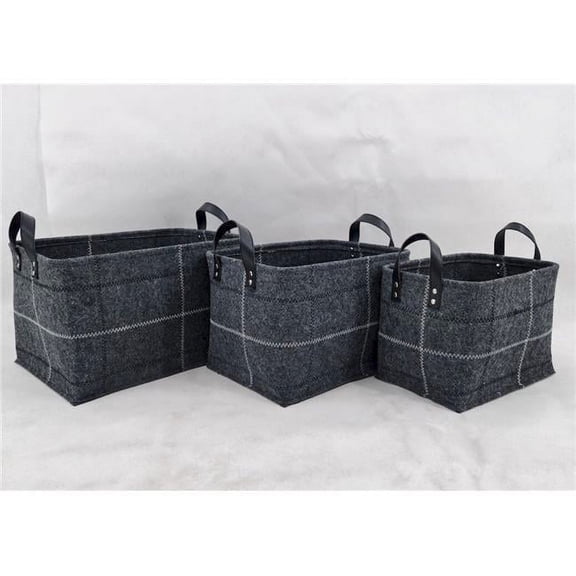 Gray Fabric with Black & White Stitching, Faux Leather Handles Baskets, Set of 3