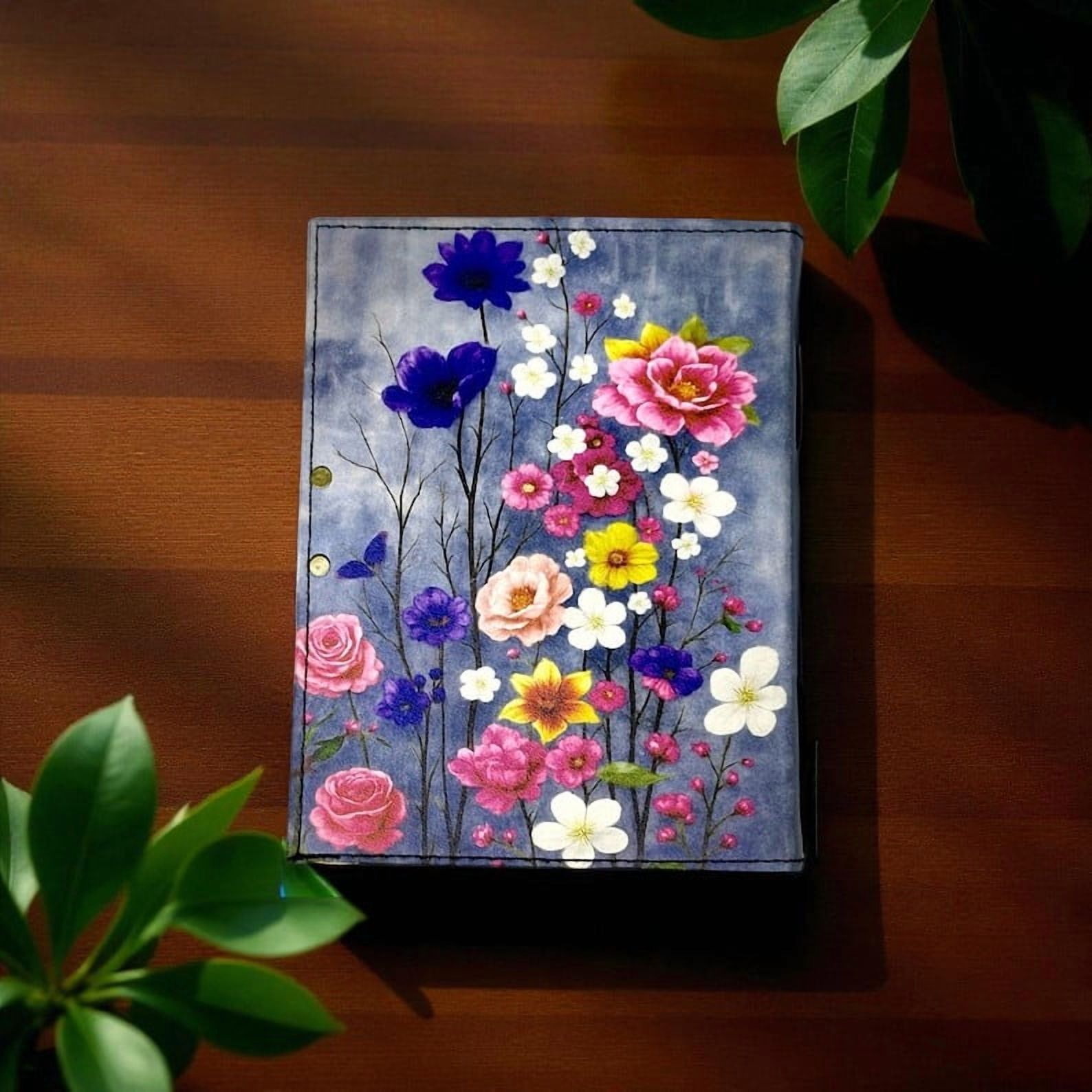 Handmade Leather Journal with Colorful Floral Artwork – 5x7 Inch Vintage Notebook, 200 Pages of Handmade Paper, Antique Latch – Writing, Sketching & Gift Diary