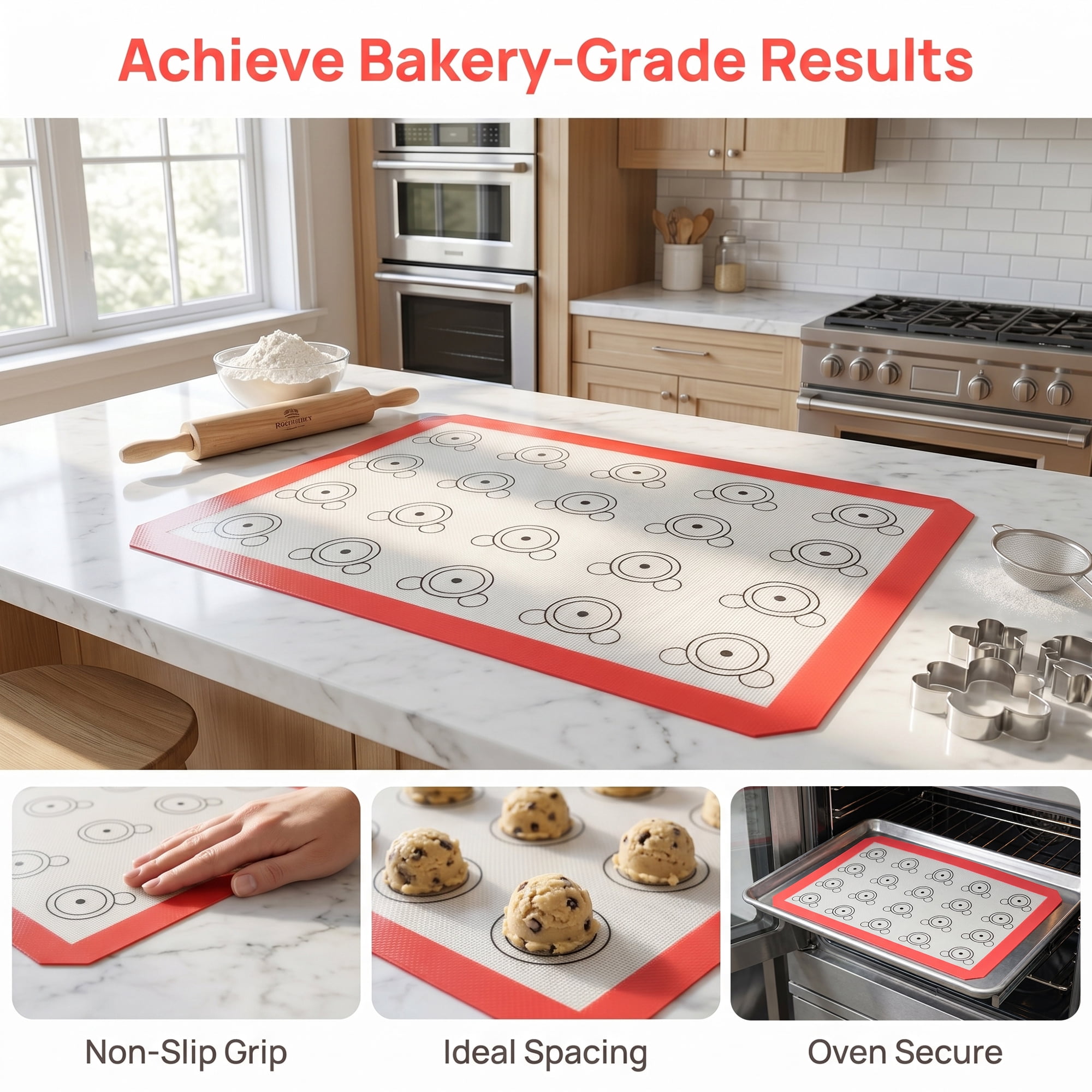 Unique Bargains Silicone Non Stick Macarons Baking Mat with Circles Red-White 16.5"x11.6"