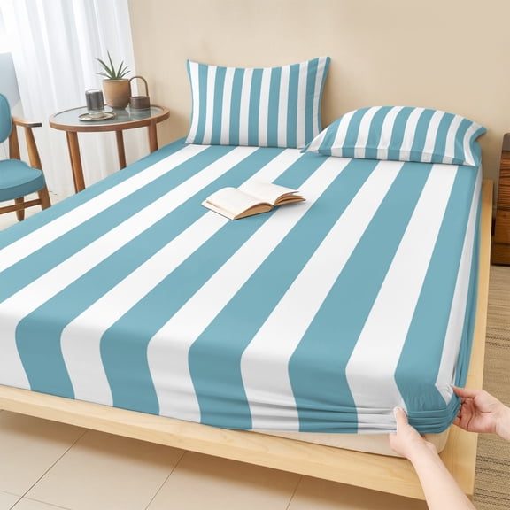 King Size Fitted Sheet Set - Aqua Striped 3 Piece Bedding Sets 16" Deep Pocket Fitted Sheet with 2 Pillowcases, Modern Farmhouse Blue White Stripes Brushed Microfiber Hotel Luxury Bed Sheets