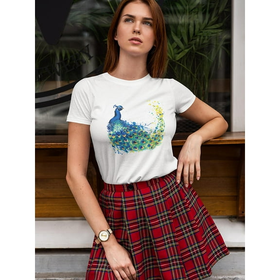 Exotic Peacock Watercolor Splash T-Shirt Women -Image by Shutterstock, Female Medium