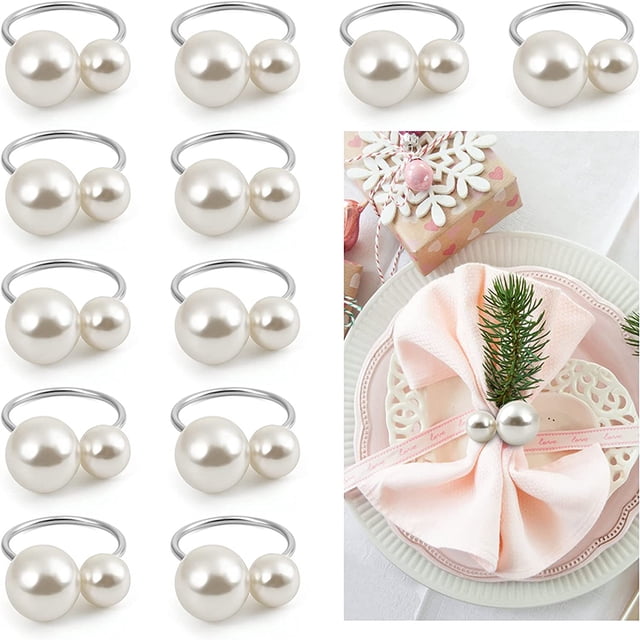 Anillos de servilleta con perlas de decoración exquisita, elegante diseño de cuentas con superficie plateada, metal de alta calidad resistente al óxido y la decoloración para diversas ocasiones,