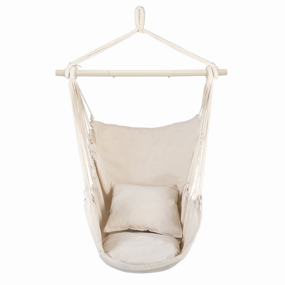 Distinctive Cotton Canvas Hanging Rope Chair with Pillows, Beige