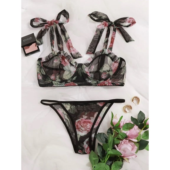 See Through Lingerie Set Black Bow Strap