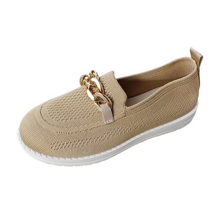KELINFONG Womens Knit Loafers Metal Chain Slip on Flats Mesh Walking Shoes Soft Women s Casual Shoes