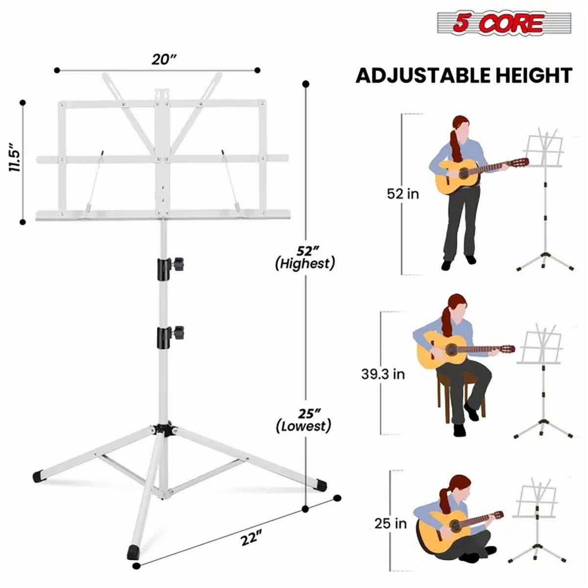 5 Core Music Stand Adjustable Desktop Book Stands Portable Sheet Holder All Metal Foldable Bookstand - MUS FLD WH