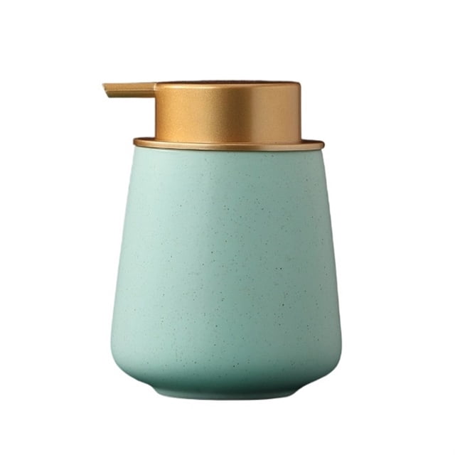 Dispensador de jabón líquido de cerámica de 13.5 oz, reutilizable y rellenable, con bomba dorada fácil de presionar.