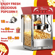 Commercial Popcorn Maker Machine, Enyopro 12oz Kettle Stainless Steel Popcorn Machine with Tempered Glass, Warming Deck, 850W Countertop Popcorn Popper for Movie Theatre, Parties