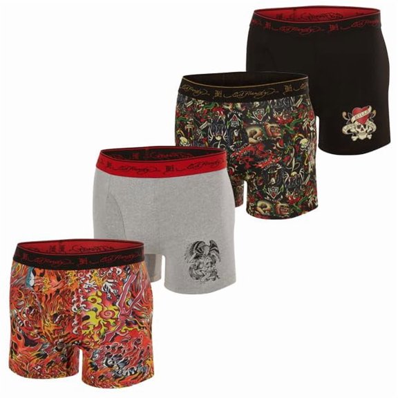 Ed Hardy Men's Athletic Underwear, 4-Pack Moisture Wicking Performance Boxer Briefs for Men, Large Multicolor