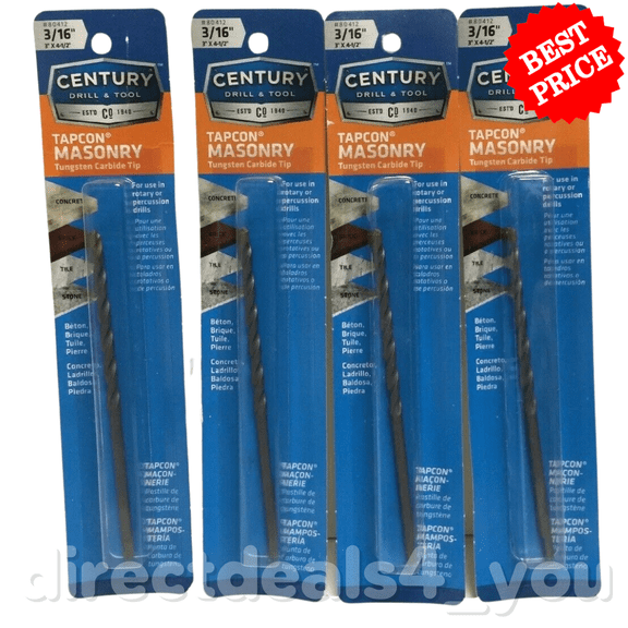 Century Drill & Tool Masonry Tapcon Drill Bit 80412, Pack of 4, 3/16"