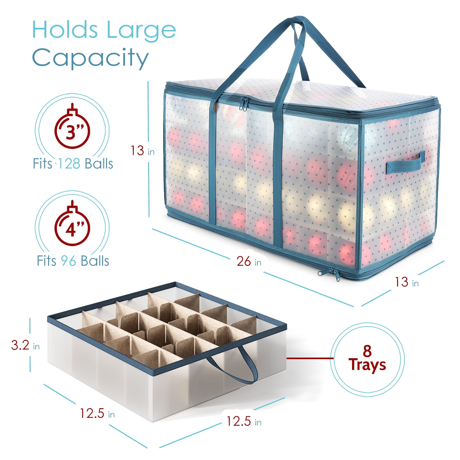 LammaLoe Ornament Storage Box, 128-Count Christmas Ornament Storage Containers, Foldable Holiday Ornament Organizer with Handles, Durable PVC Plastic