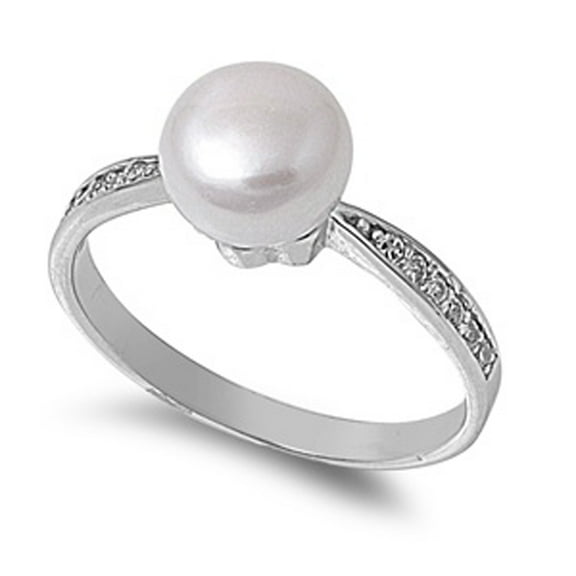 Sterling Silver Women's Simulated Pearl Ring 925 Band 8mm White Cubic Zirconia Jewelry Female Size 9