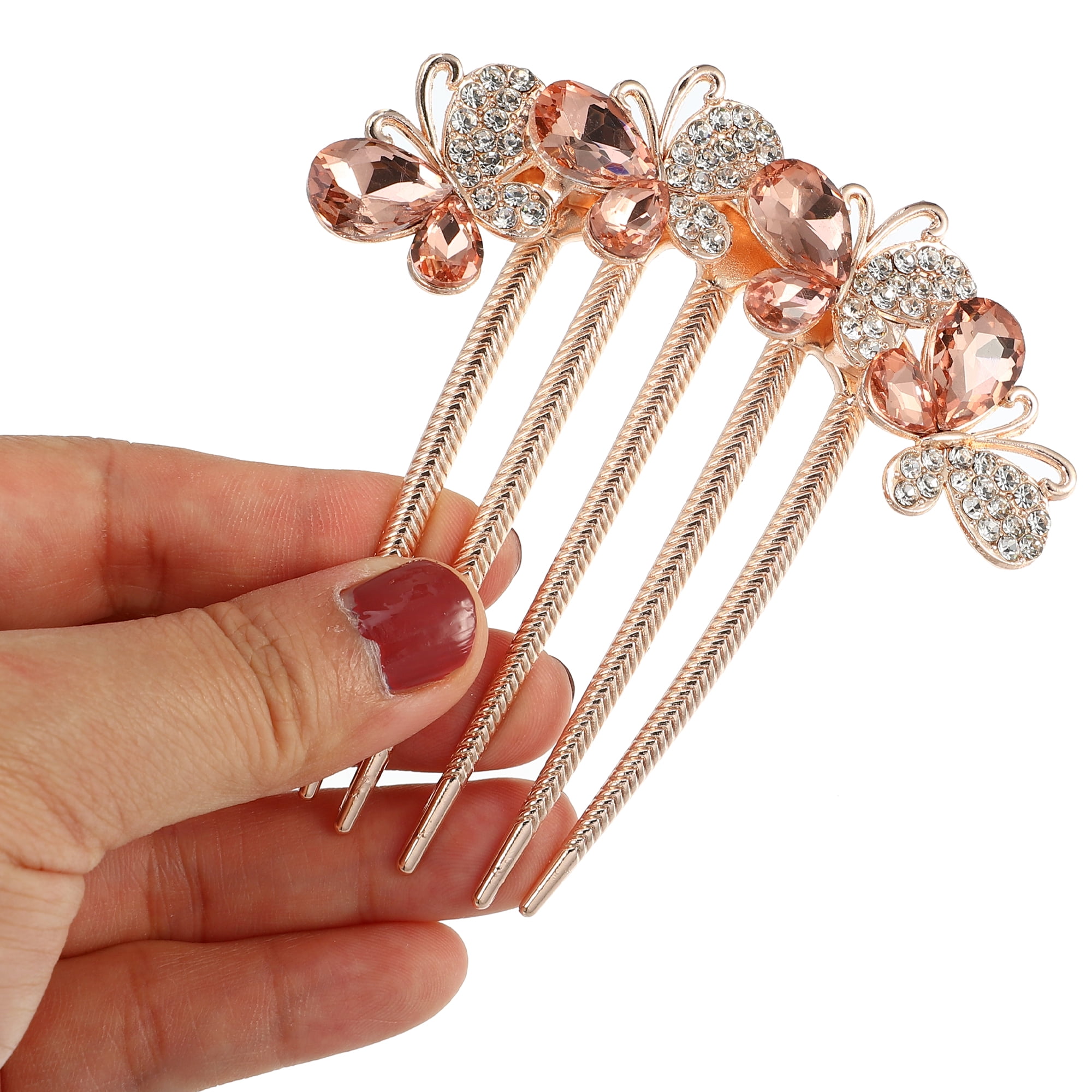 Unique Bargains Women Rhinestone Inlaid Flower Hair Comb Side Comb Clips Champagne