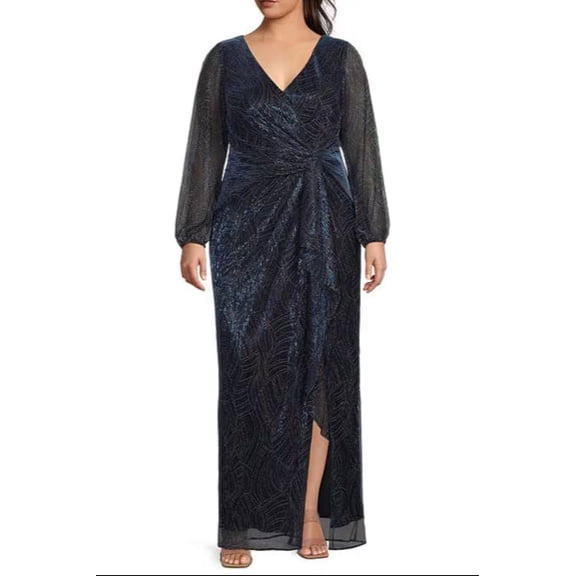 Adrianna Papell Metallic Mesh Surplice V-Neck Long Sleeve A-Line Dress ( Plus Size ) Color: GOLD BLUE, Size: 14W