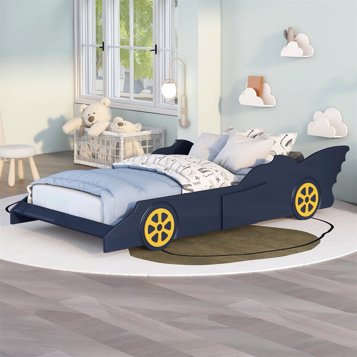 Twin Size Race Car Bed with Wheels, Wood Platform Bed Frame with Slats