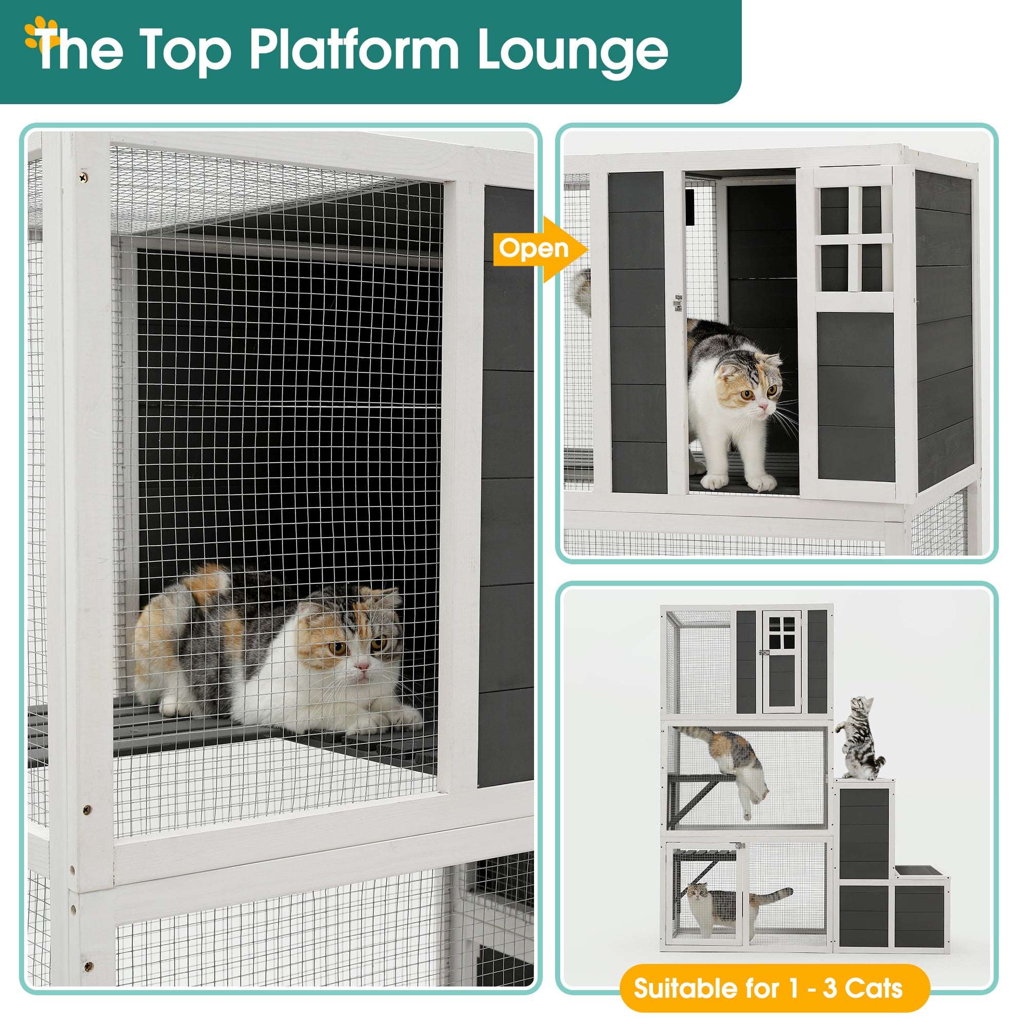 Demi Bonn 71" Outdoor Cat House for 1-3 Cats, 3-Tier Wood Cat Enclosures Kitty with 4 Platforms, 2 Doors, Resting Box, Indoor Cat Cage Shelter, Gray