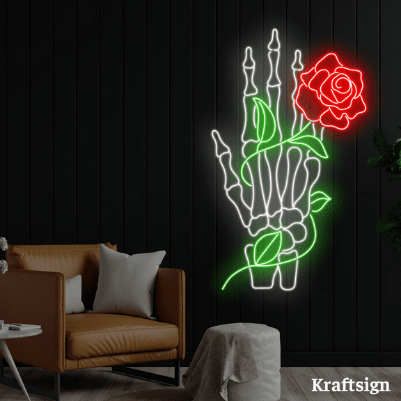 Craftnamesign Skull Hand Rose Neon Sign, Flower Shop Decor, Men Cave Decor