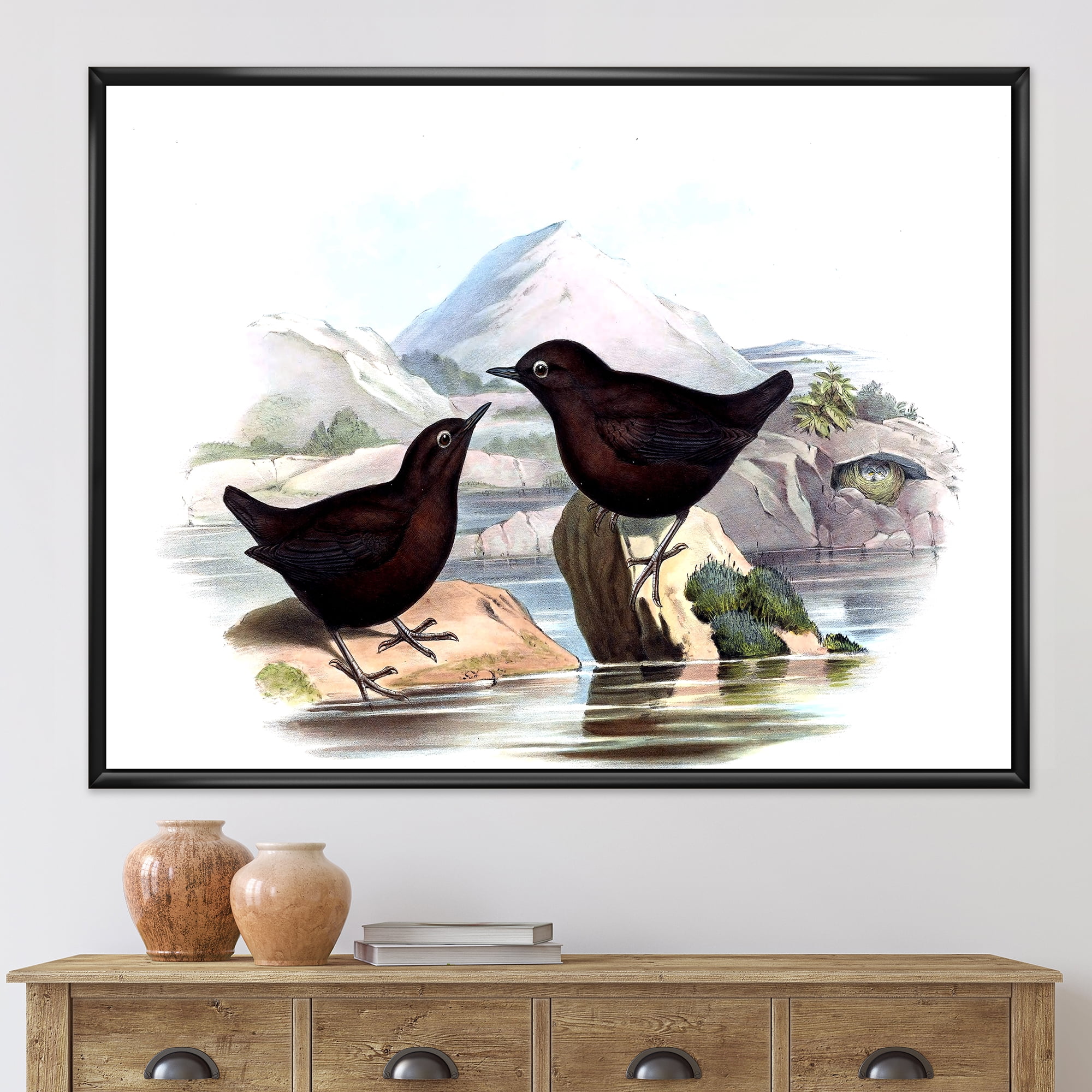 Designart 'Vintage Countryside Two Birds' Farmhouse Framed Canvas Wall Art Print