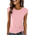 thumbnail image 2 of hotojiny Summer Tops for Women Cap Short Sleeve V Neck Tshirt with Side Shirring Plain Crew Neck Solid Color Fashion Tee, 2 of 6