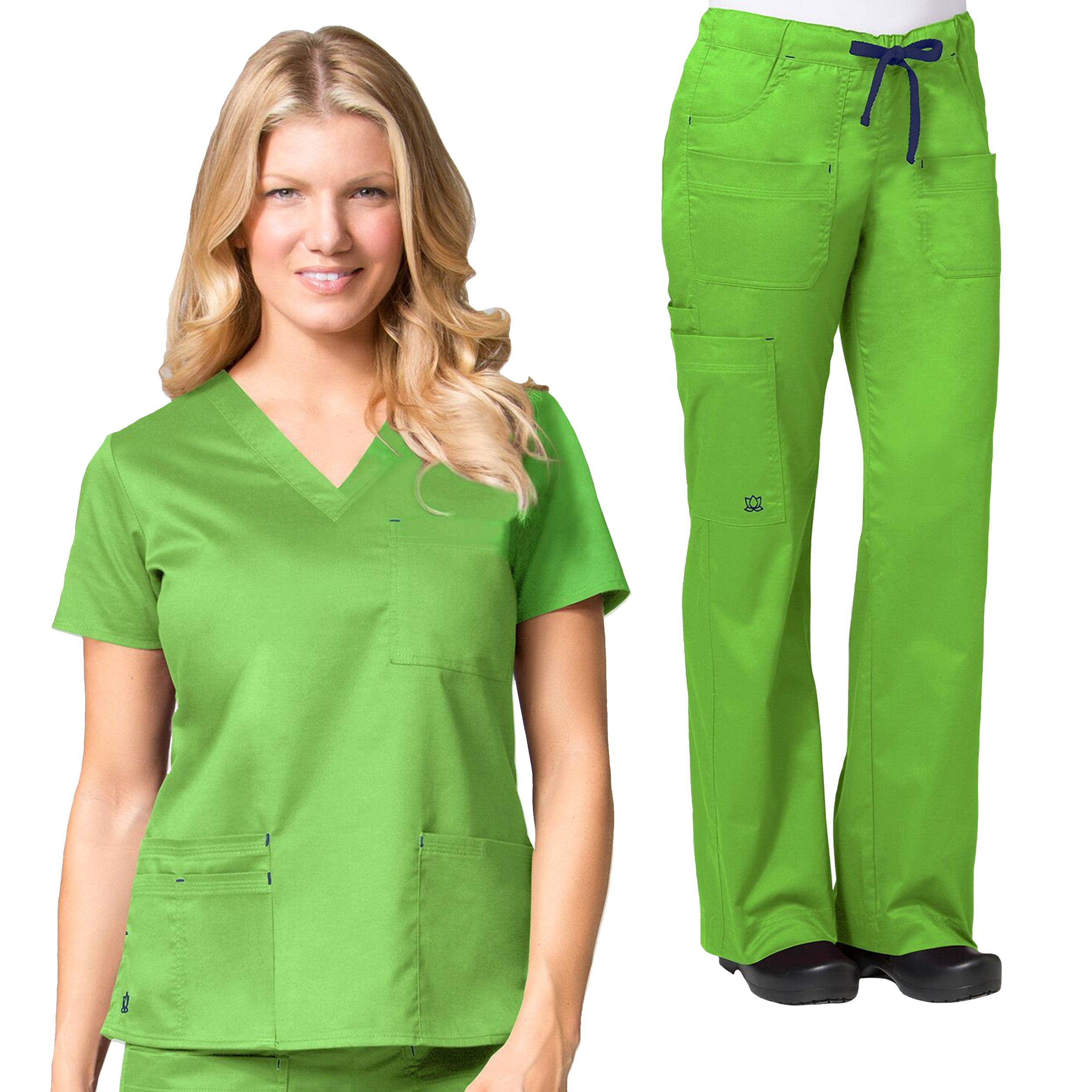Maevn Blossom 3 Pocket VNeck Scrub Top & Utility Pocket Cargo Scrub Pant Set [XS 3XL, FREE