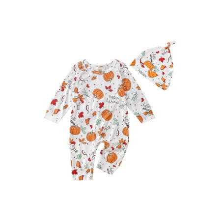 

jaweiw Newborn Romper Outfits for Unisex Boys Girls Long Sleeve Round Neck Pumpkin Cartoon Pattern Printed Jumpsuit + Knotted Hat/Headband Size 0 6 12 18 24 M