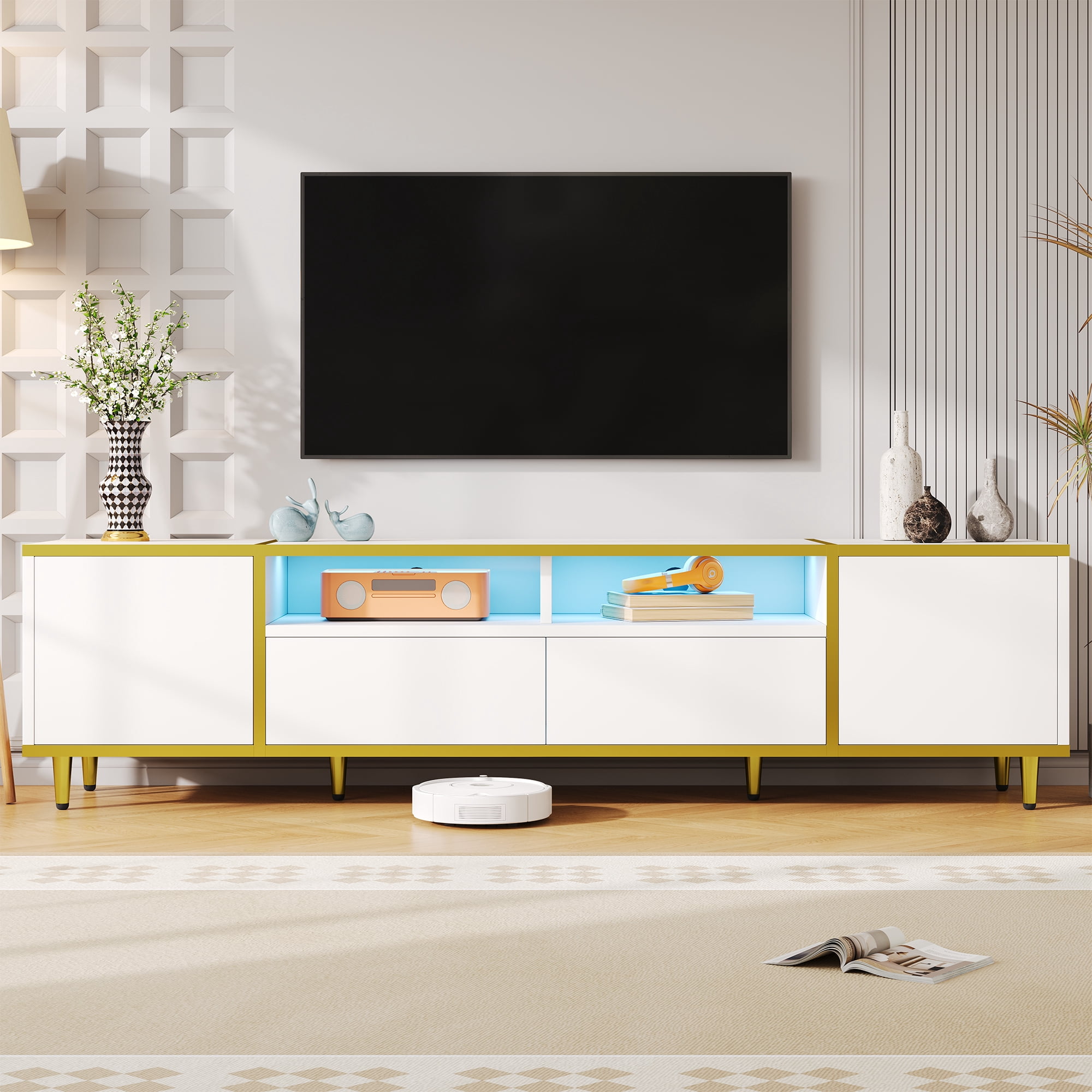 70.9" Modern TV Stand for TVs up to 80 Inches, Entertainment Center with 2 Shelves and LED Lights, TV Storage Cabinet with 2 Drawers, 2 Cabinets and Metal Legs for Living room