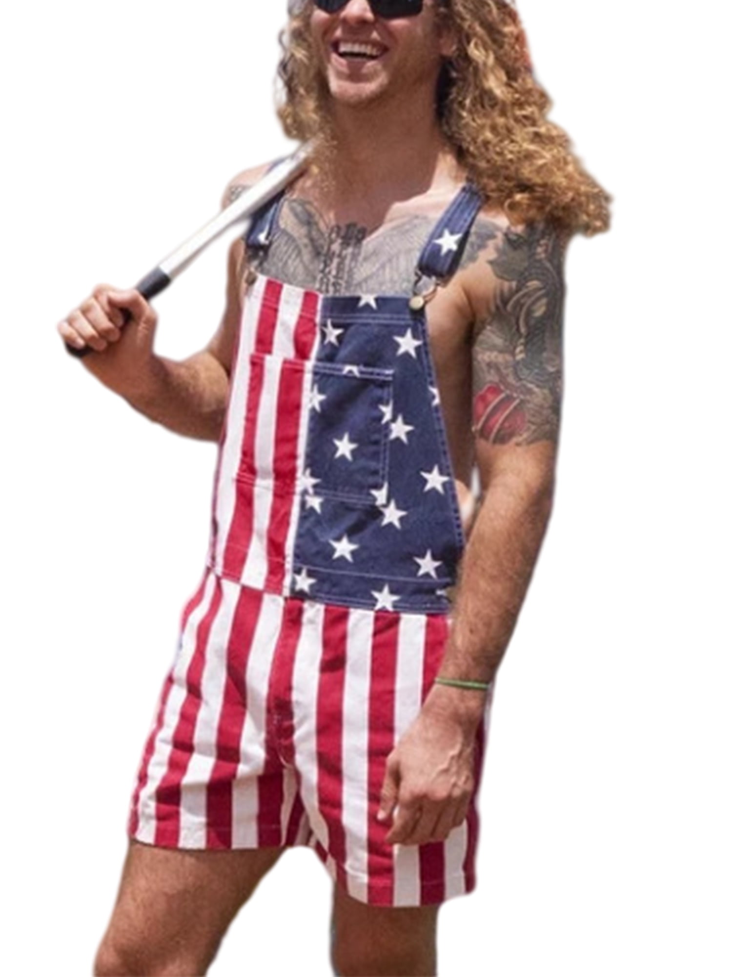 MOOKO Mens 4th of July American Flag Rompers Jumpsuits Casual Overalls Bib Denim Shorts Couple's Onesie Romper Jeans 