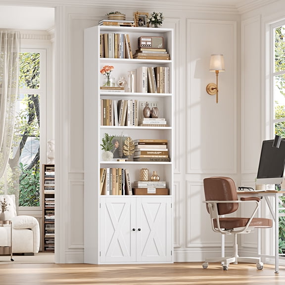 Hiphuta 82.3" Tall Bookcase with Doors, 5-Tier Bookshelves with Storage, 23.6"W Display Shelf with 2 Doors for Home Office, Living Room, White