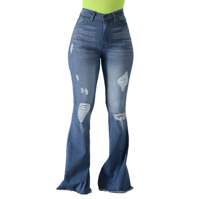 Pantalones Vaqueros de Longitud Completa Para Mujer, Pantalones de Pierna Ancha Que Combinan Con Todo, Lavados, Rasgados, Elásticos, Ajustados, Acampanados A La Cadera Odeerbi ODB-4