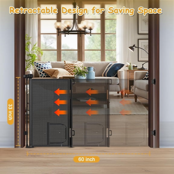 Reinforced 60 Inch Retractable  Gate with  Door for Pets and Kids