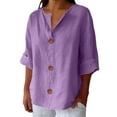thumbnail image 2 of Purple Womens Blouses Linen Shirts for Women Summer Cotton Linen V Neck 3/4 Sleeve Tops Loose Vacation Beach Solid Blouses Tunic Tops Ladies Tops and Blouses, 2 of 6