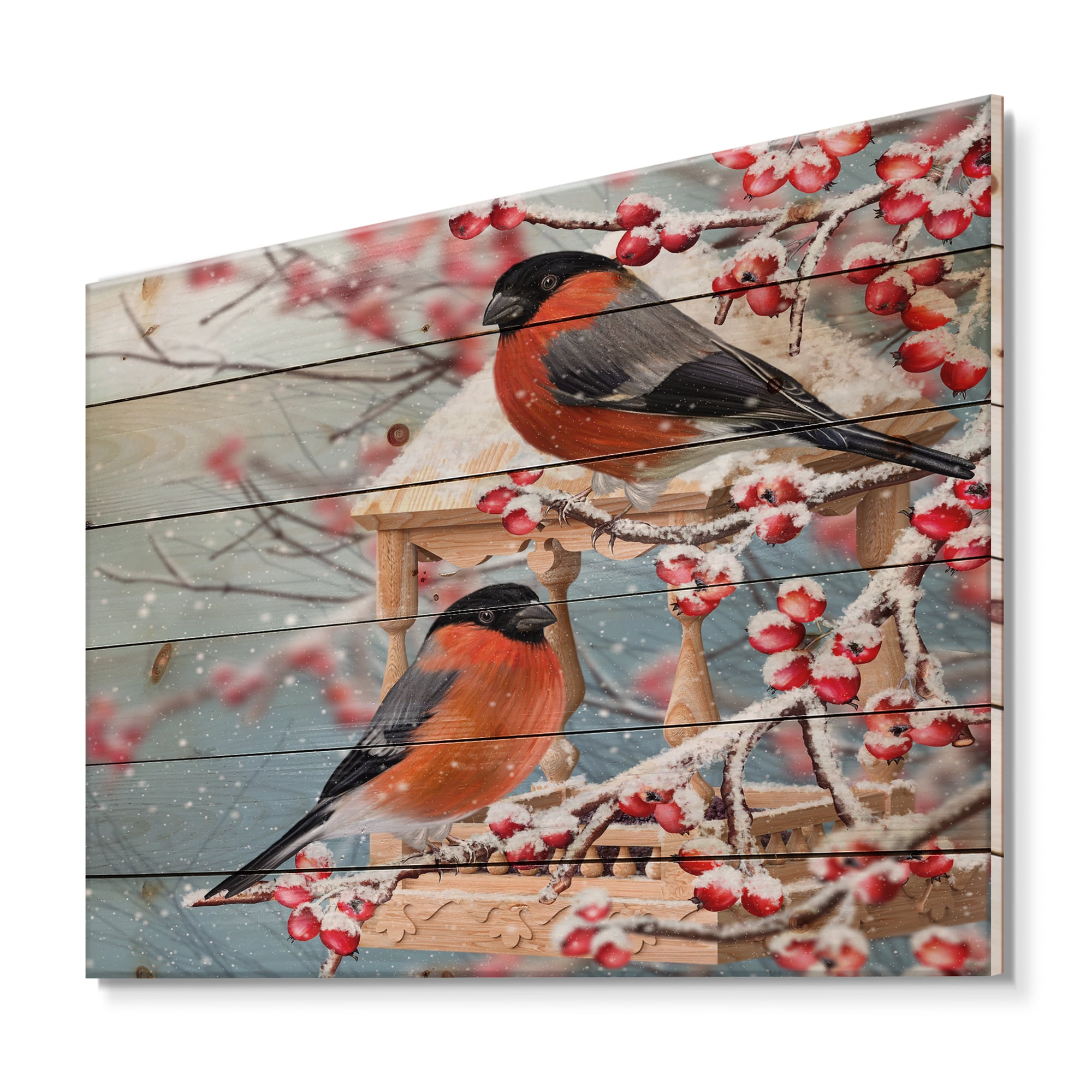 Designart 'Two Tits Sit On A Snow-Covered Berries Branch ' Traditional Print on Natural Pine Wood