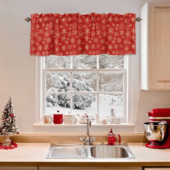 Kitchen Valances for Window, Christmas Winter Snowflakes Light Filtering Rod Pocket Valance Curtain, Red and Gold Short Curtains Window Topper for Bedroom Bathroom Living Room 54x18in
