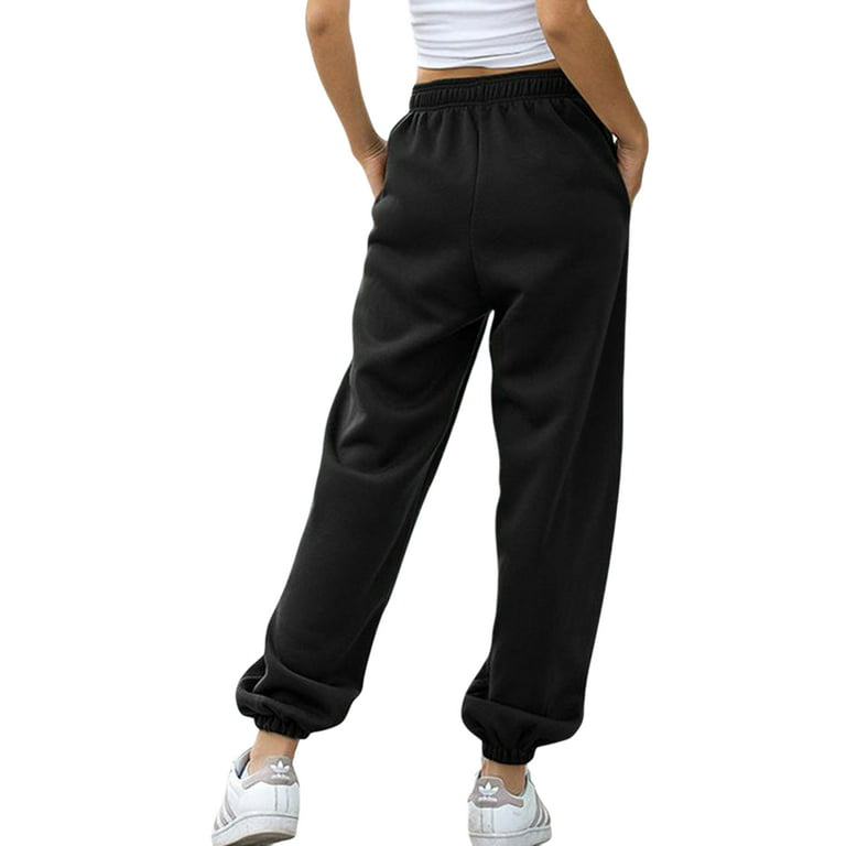 JYYYBF Fleece Baggy Sweatpants for Women Elastic High Waisted Casual Long  Joggers Trousers Workout Active Lounge Pants Black L 