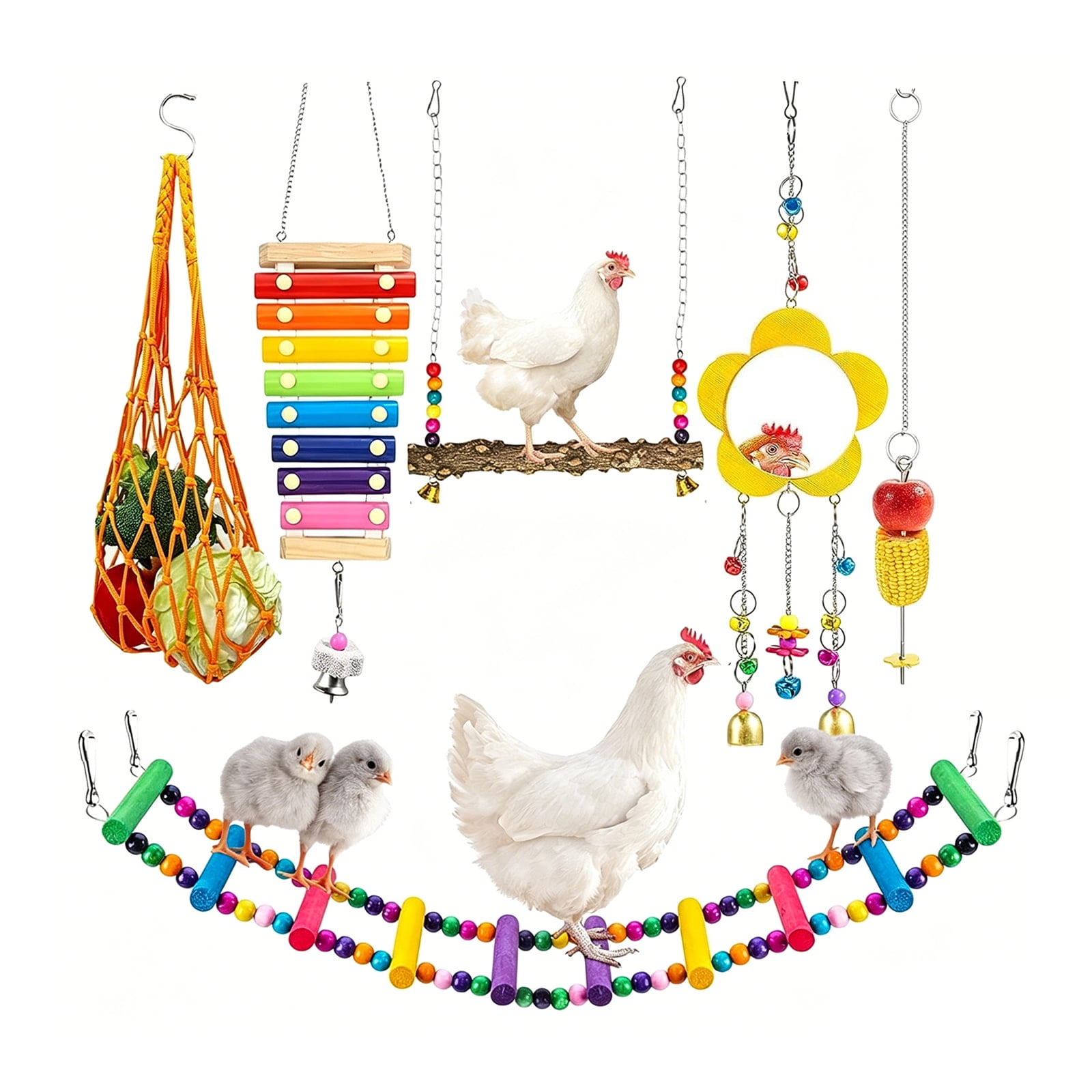 6-Pack Chicken Coop Toys Accessories Set, Longer Chain Chicken Swing Ladder Perch Roosts, Xylophone Mirror with Bells, Hanging Vegetable Fruits Feeder Toy for Hens Parrot Bird